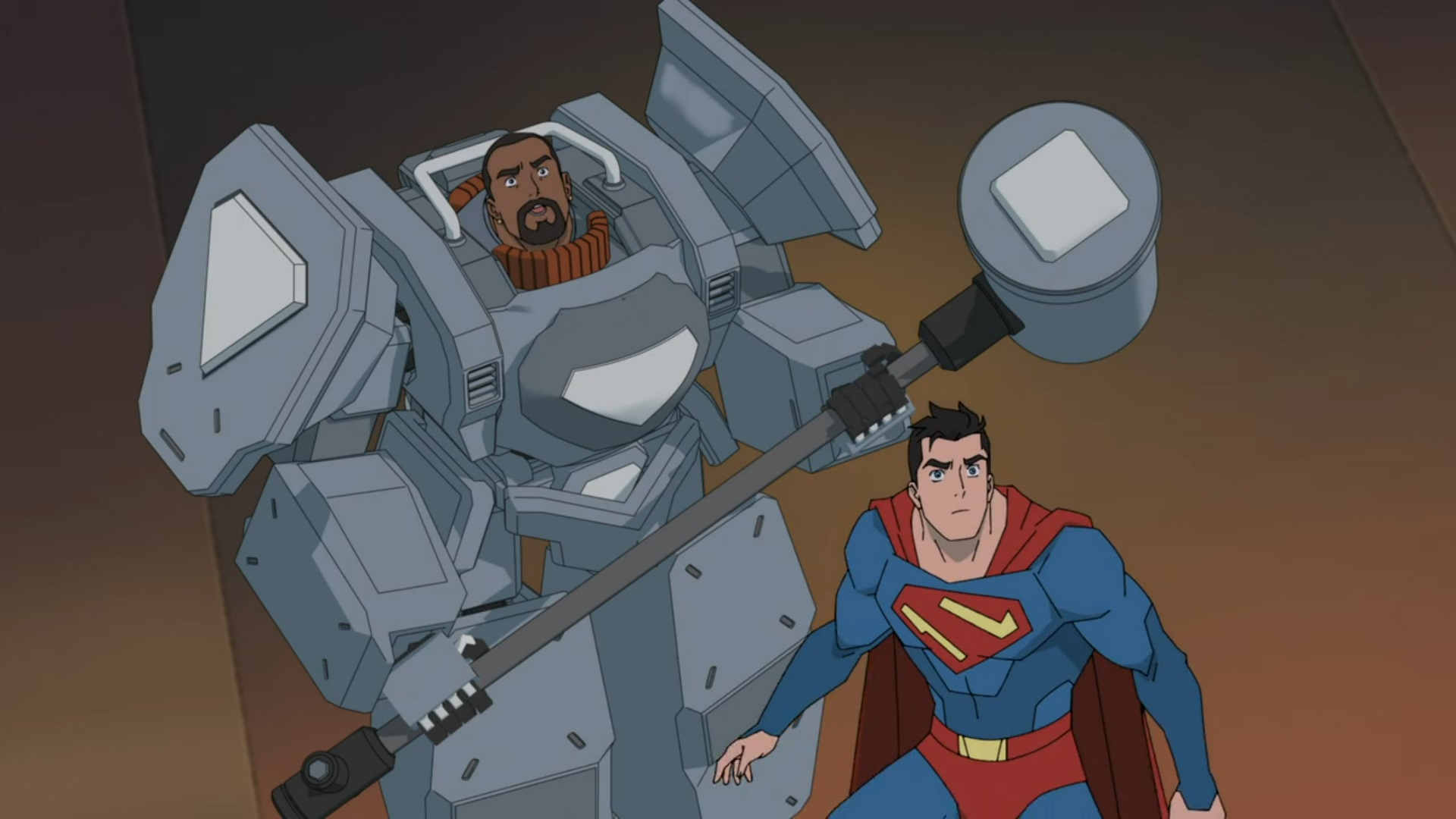 Superman in a stance getting ready to fight with John Henry Irons in his Fullmetal suit standing right behind him. John Henry Irons his holding a metal hammer to show that he is also ready to fight. This battle may not be Superman's hardest battle yet (living with General Lane), but it will be a big battle. 
